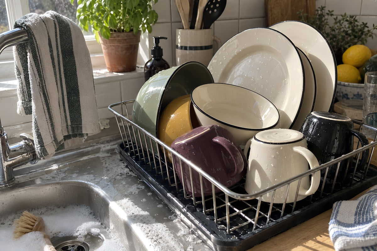 A draining rack packed with washed KILN plates, bowls and mugs after a big dinner, suds still on the sink edge, tea towel over the tap. Daytime, hard sun, no candles lit.