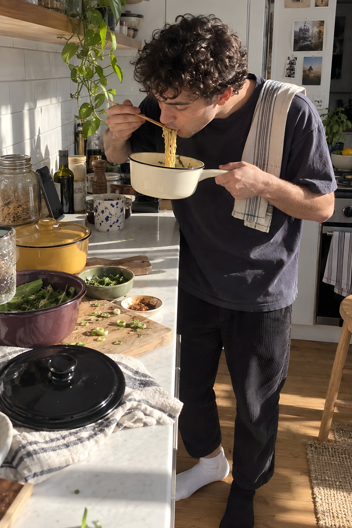 Someone eating noodles straight out of the cream KILN Saucepan standing at a worktop, one sock on, phone propped against a jar. Daytime, hard sun, no candles lit.