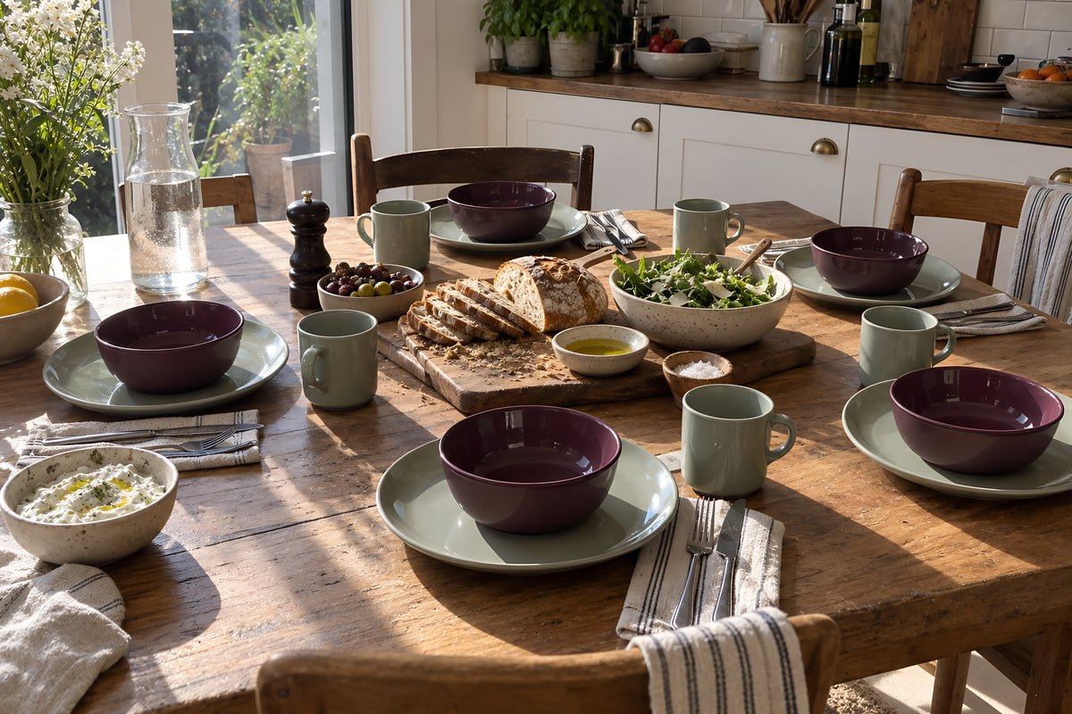 The KILN Table Set laid for six on a scrubbed wooden table, sage cups, plum bowls and sage plates, bread board in the middle, nobody sat down yet. Daytime, hard sun, no candles lit.