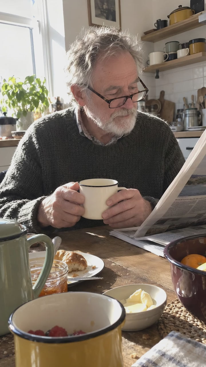 An older man reading the paper at a kitchen table with both hands round a cream KILN Mug