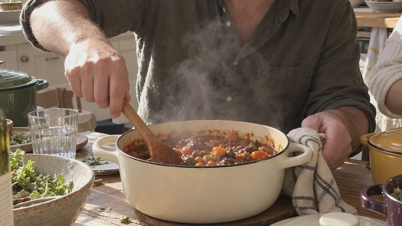 A wooden spoon going through a thick stew in the cream KILN Casserole, steam rising
